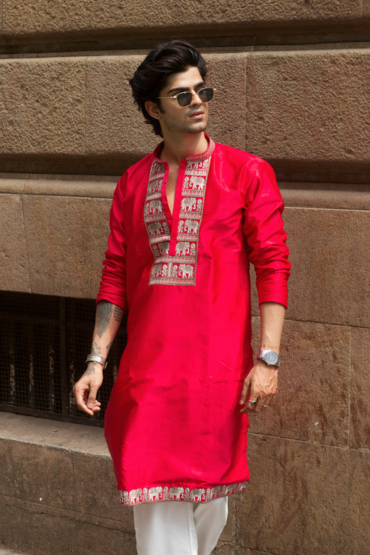 Men's Pink Satin Silk Kurta Set with Zari & Sequin Embroidery