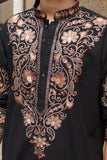 Men's Black Kurta Set with V-Neck Thread Work Embroidery
