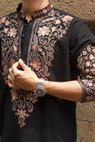 Men's Black Kurta Set with V-Neck Thread Work Embroidery