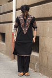 Men's Black Kurta Set with V-Neck Thread Work Embroidery