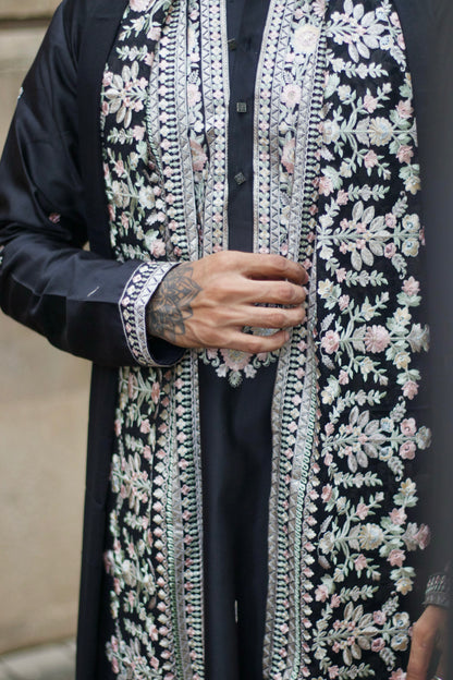 Men's Black Linen Satin Kurta Set with Dupatta
