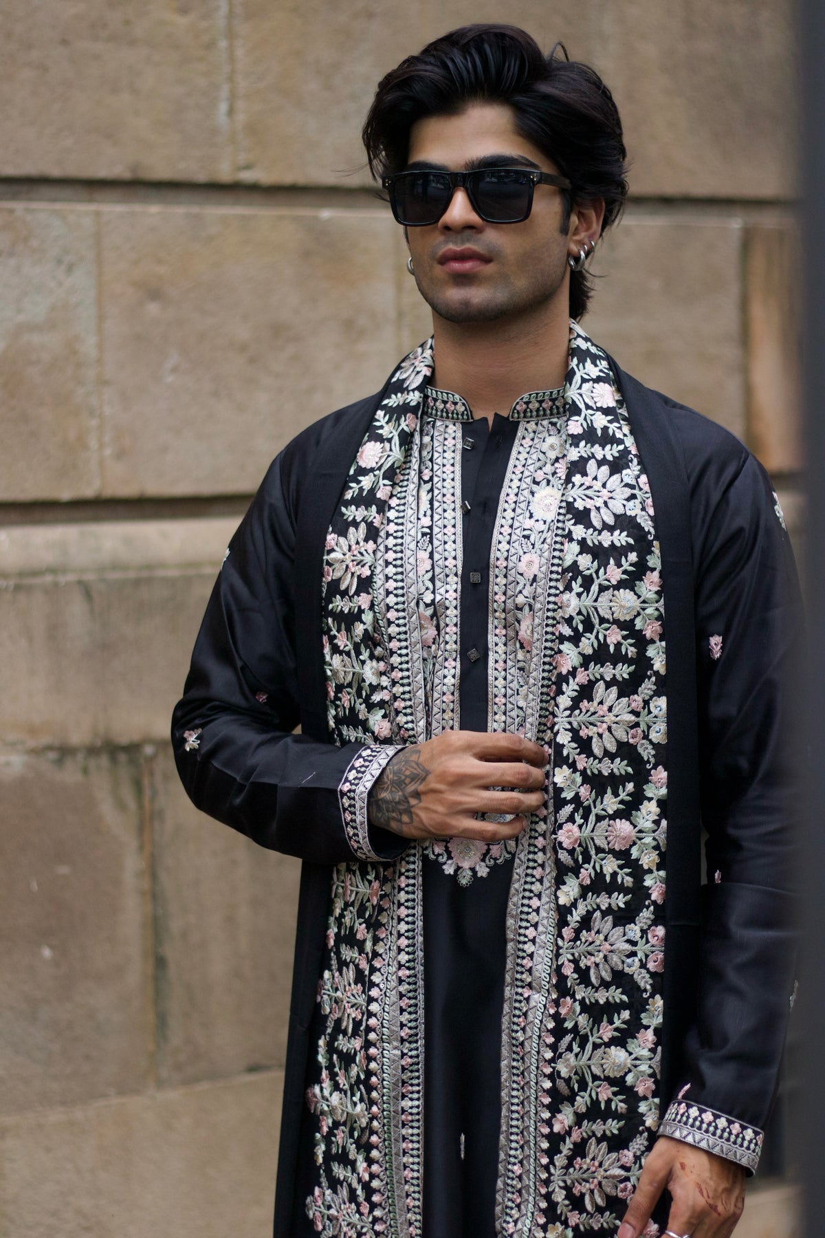 Men's Black Linen Satin Kurta Set with Dupatta