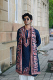 Men's Navy Blue Linen Satin Kurta Set with Dupatta