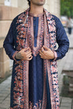 Men's Navy Blue Linen Satin Kurta Set with Dupatta