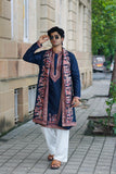 Men's Navy Blue Linen Satin Kurta Set with Dupatta