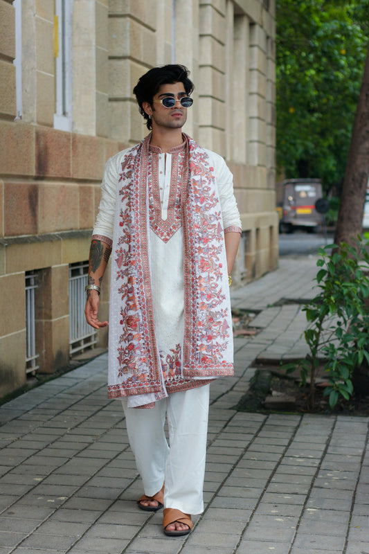 Men's White Linen Satin Kurta Set with Dupatta