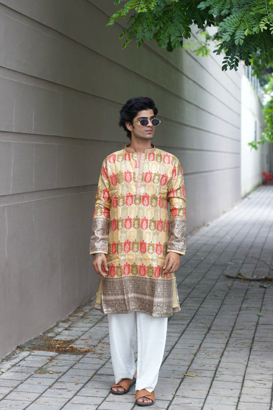 Men's Yellow Jacquard Kurta Set with Position Print