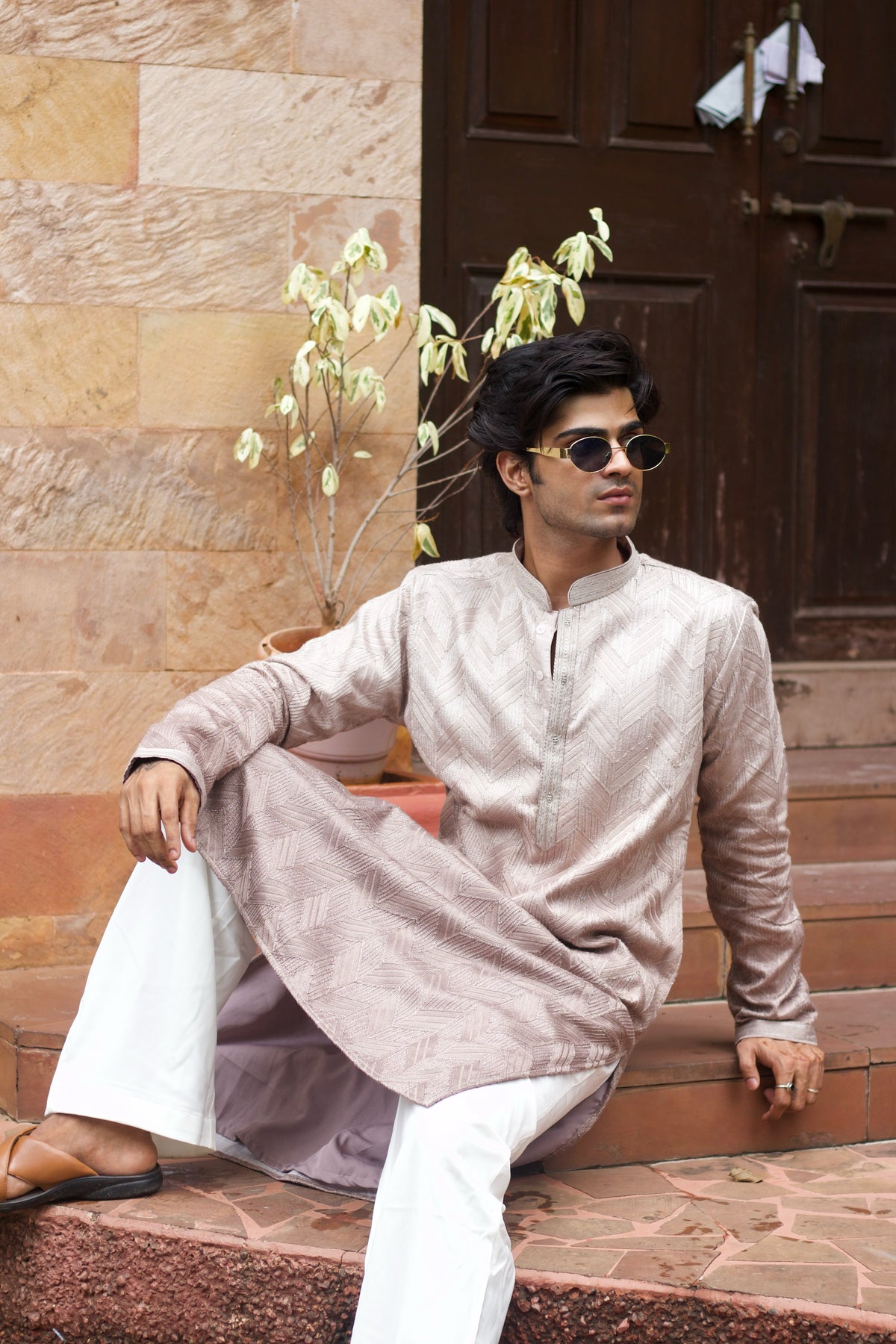 Men's Rosewood Silk Kurta Set with Zari Embroidery
