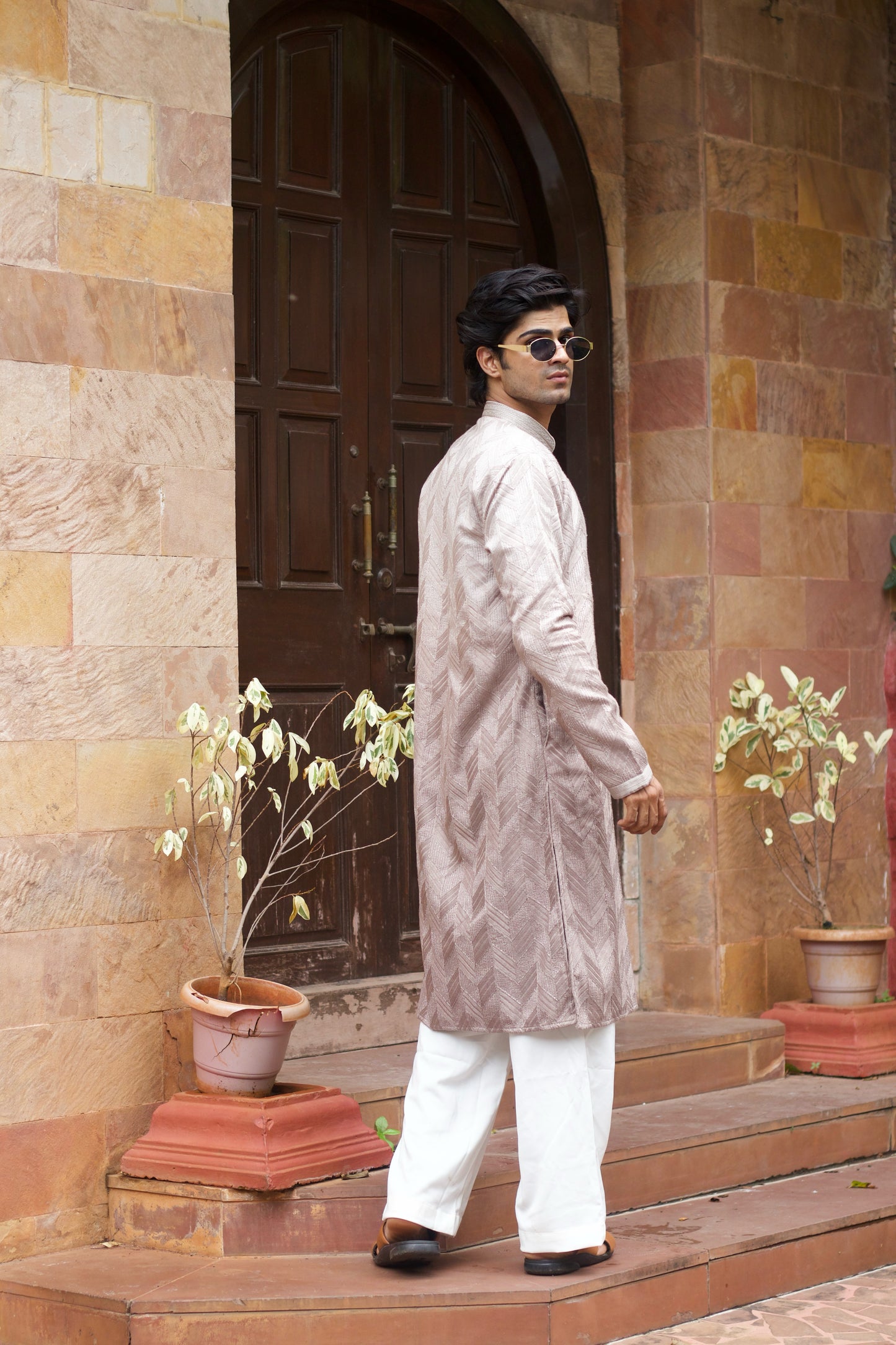 Men's Rosewood Silk Kurta Set with Zari Embroidery
