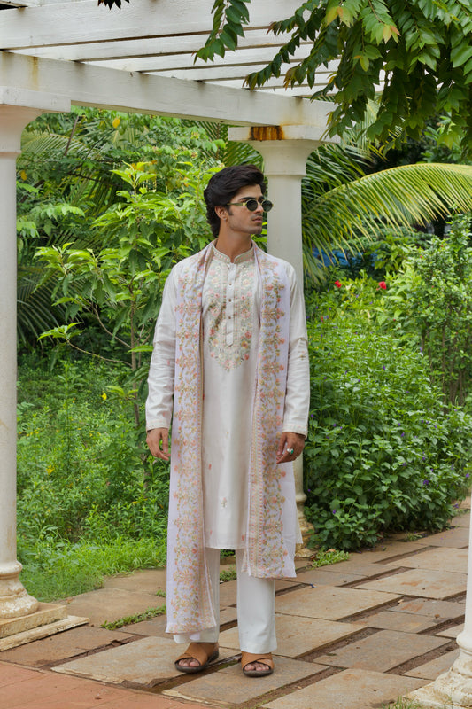 Men's Off-White Linen Satin Kurta Set with Dupatta