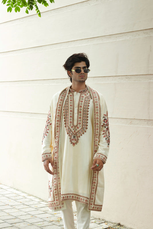 Men's Off-White Kenzo Fabric Kurta Set with Dupatta