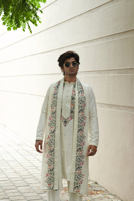 Men's White Linen Satin Kurta Set with Multicolour Embroidery & Dupatta
