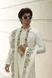 Men's White Linen Satin Kurta Set with Multicolour Embroidery & Dupatta