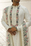 Men's White Linen Satin Kurta Set with Multicolour Embroidery & Dupatta