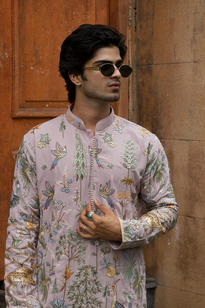 Men's Lavender Georgette Kurta Set with Multicolour Thread Embroidery