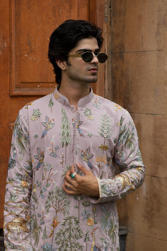 Men's Lavender Georgette Kurta Set with Multicolour Thread Embroidery