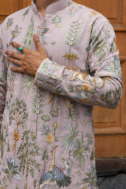 Men's Lavender Georgette Kurta Set with Multicolour Thread Embroidery