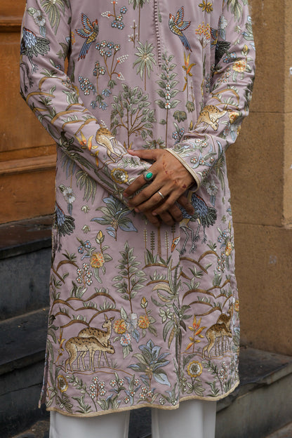 Men's Lavender Georgette Kurta Set with Multicolour Thread Embroidery