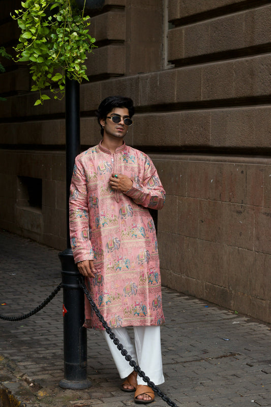 Men's Pink Jacquard Kurta Set with Swarovski Stone Detailing