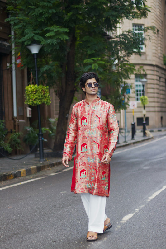 Men's Red Jacquard Kurta Set with Position Print