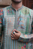 Men's Mint Green Jacquard Kurta Set with Swarovski Stone Detailing