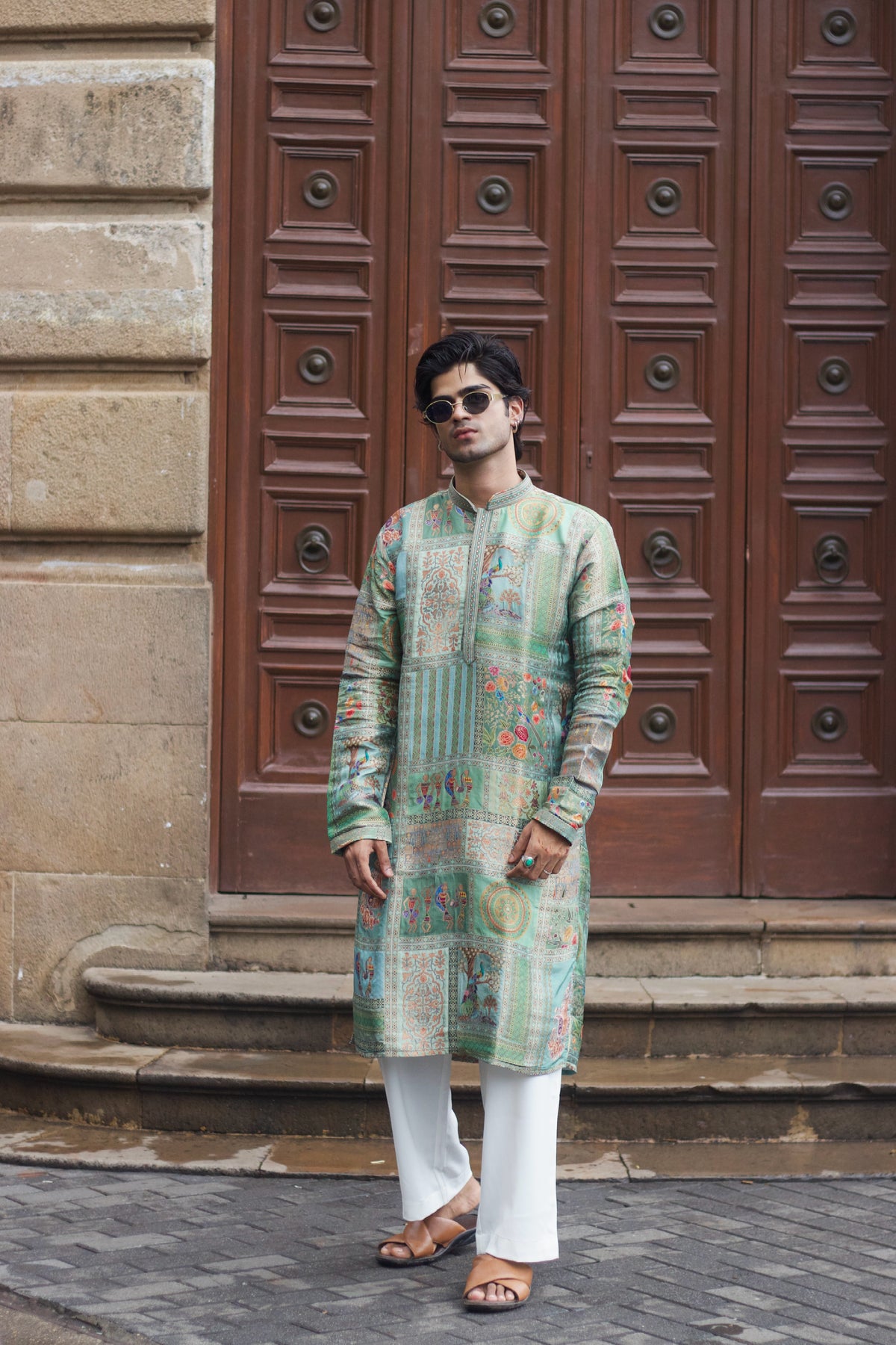 Men's Mint Green Jacquard Kurta Set with Swarovski Stone Detailing