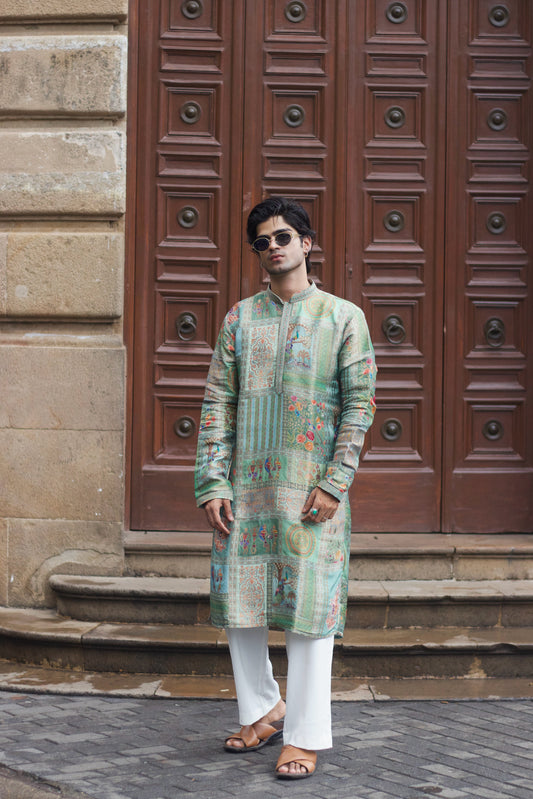 Men's Mint Green Jacquard Kurta Set with Swarovski Stone Detailing