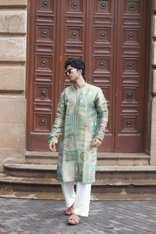 Men's Mint Green Jacquard Kurta Set with Swarovski Stone Detailing