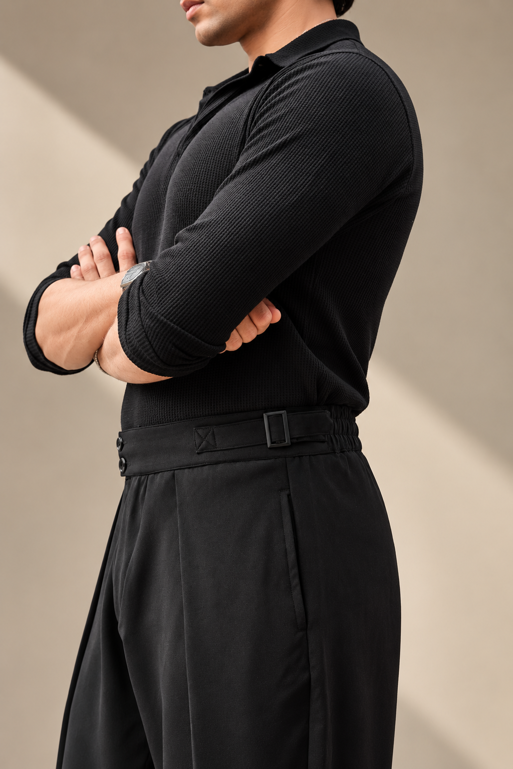 Black Korean Pleated Pant with Belt and Elastic Waist