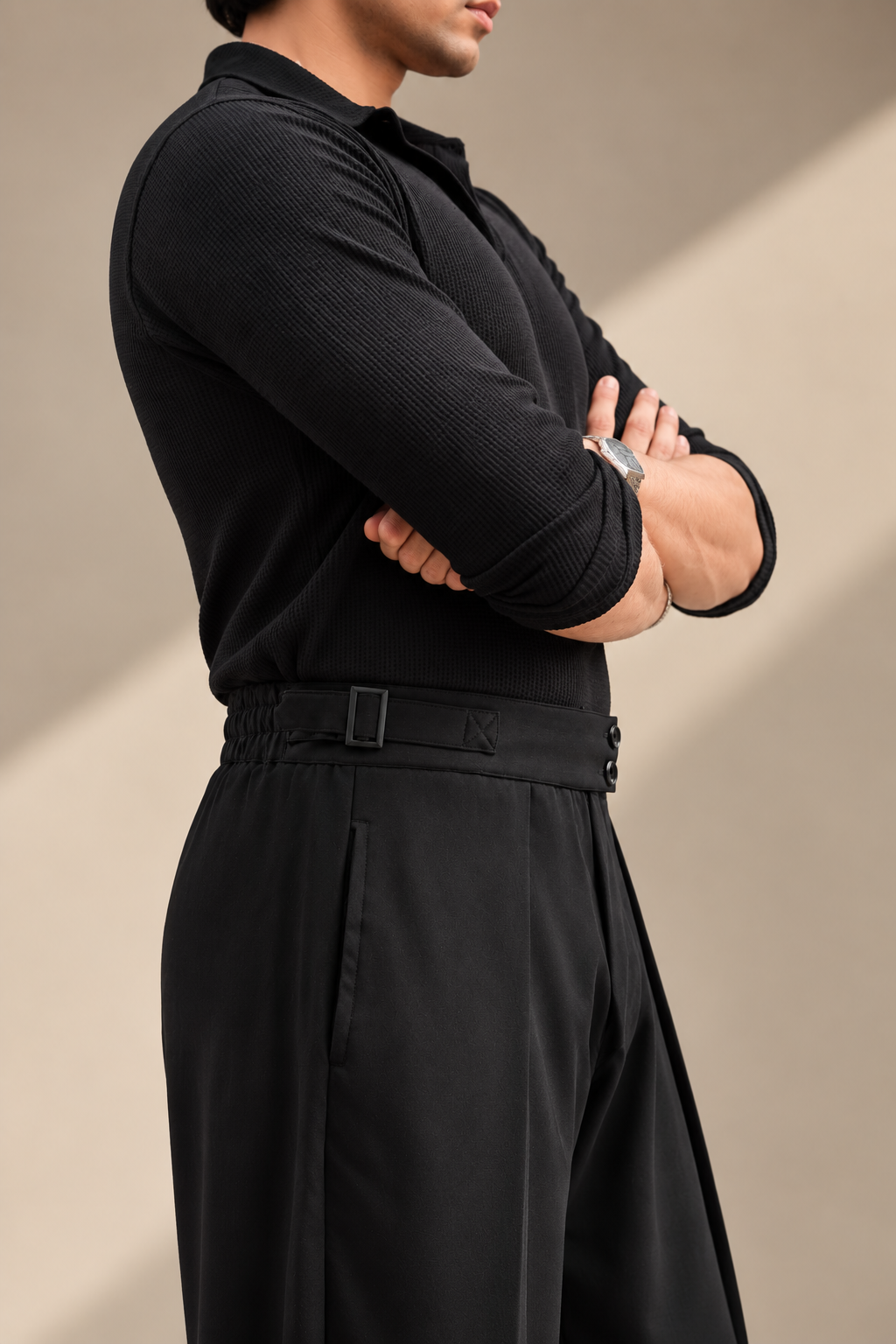 Black Korean Pleated Pant with Belt and Elastic Waist
