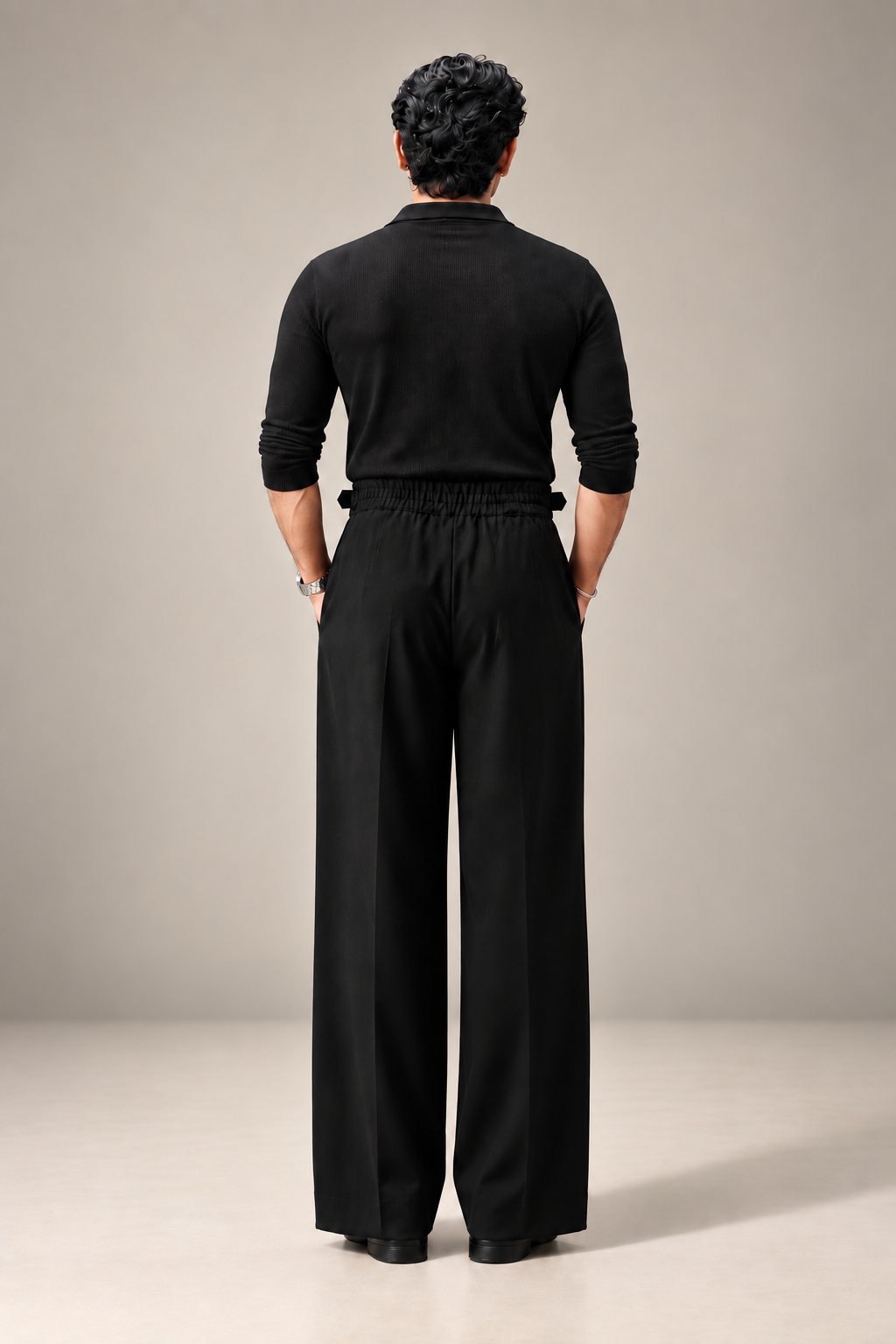 Black Korean Pleated Pant with Belt and Elastic Waist