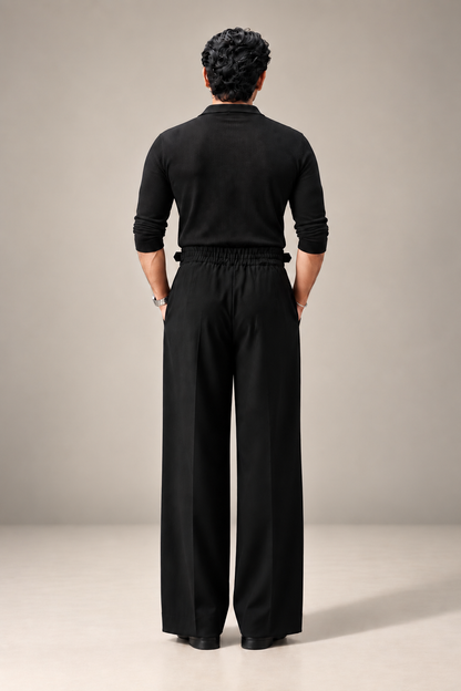 Black Korean Pleated Pant with Belt and Elastic Waist