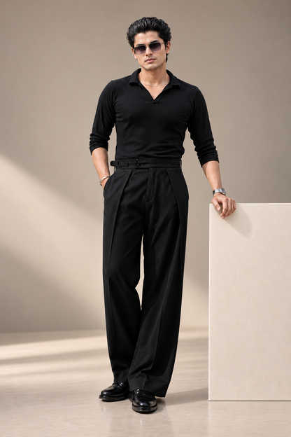 Black Korean Pleated Pant with Belt and Elastic Waist