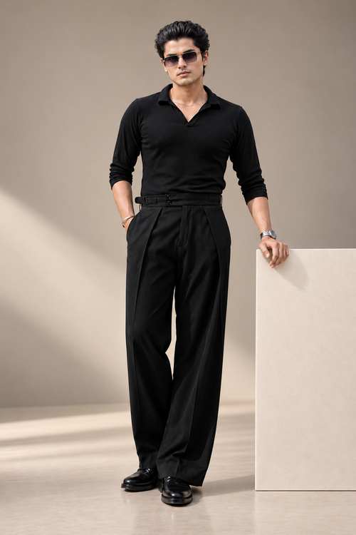 Black Korean Pleated Pant with Belt and Elastic Waist