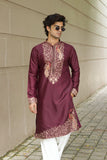 Men's Wine Satin Silk Kurta Set with Thread Work Embroidery