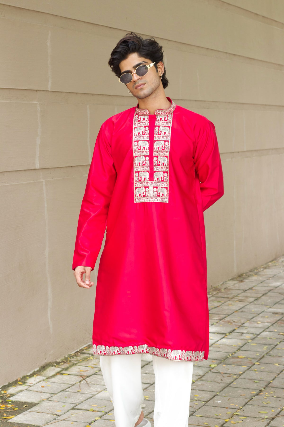 Men's Pink Satin Silk Kurta Set with Zari & Sequin Embroidery