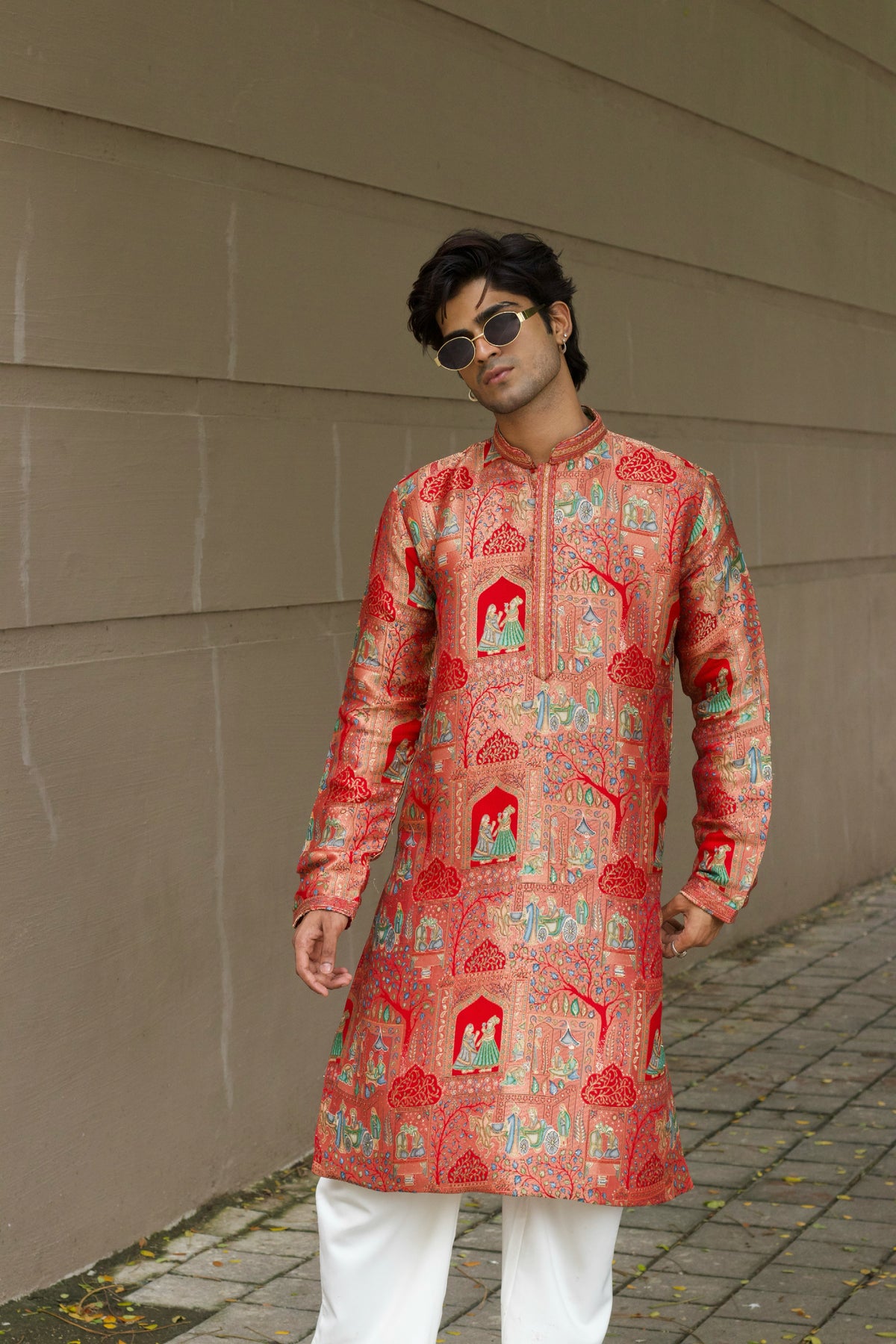 Men's Red Jacquard Kurta Set with Position Print