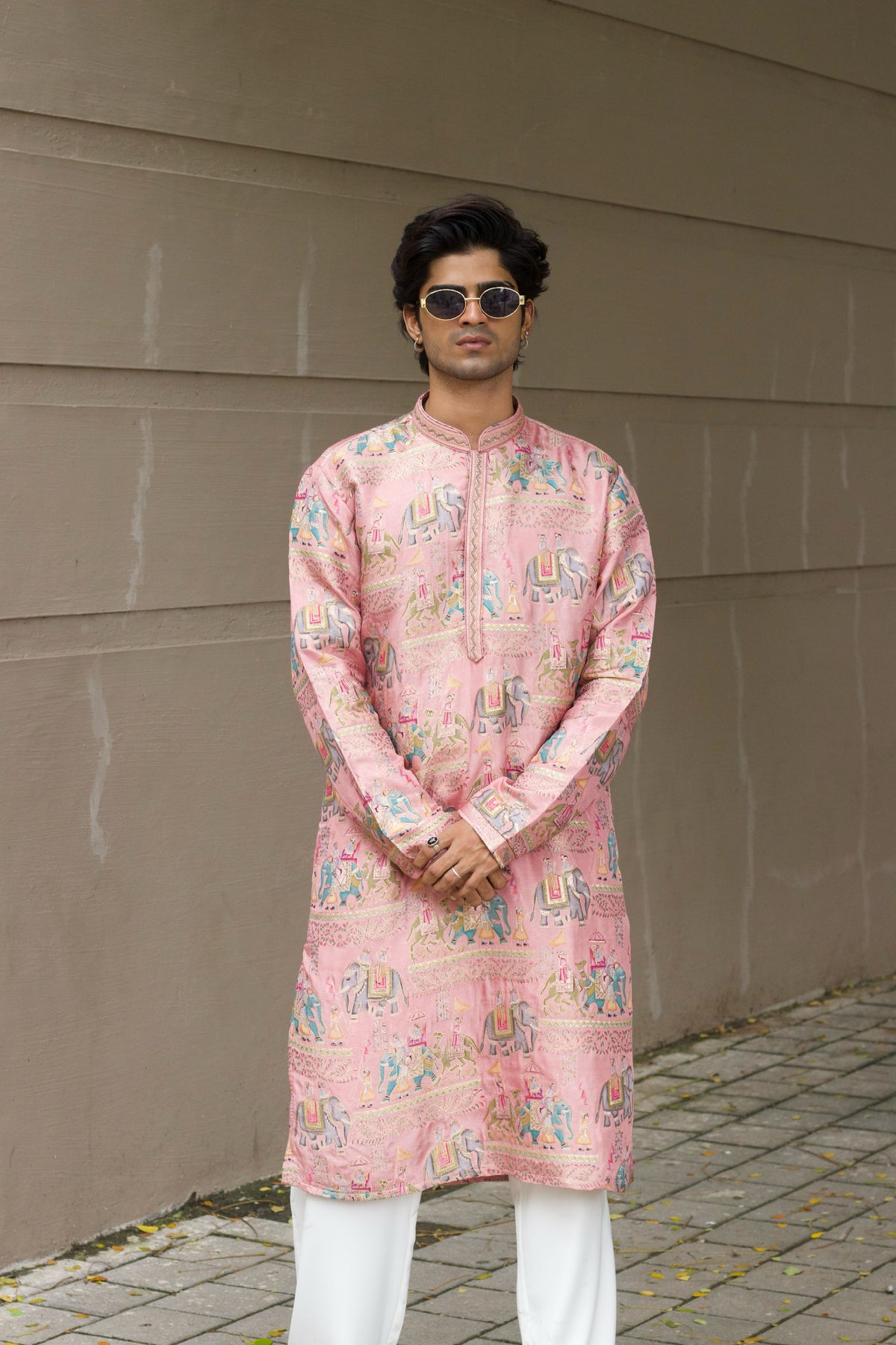 Men's Pink Jacquard Kurta Set with Swarovski Stone Detailing