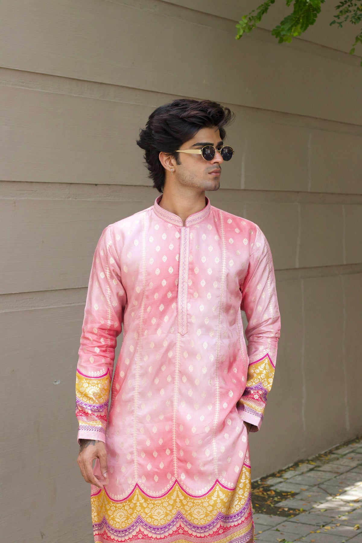 Men's Pink Jacquard Kurta Set with Swarovski Stone Detailing