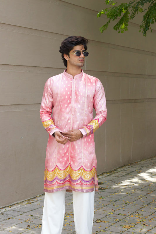 Men's Pink Jacquard Kurta Set with Swarovski Stone Detailing