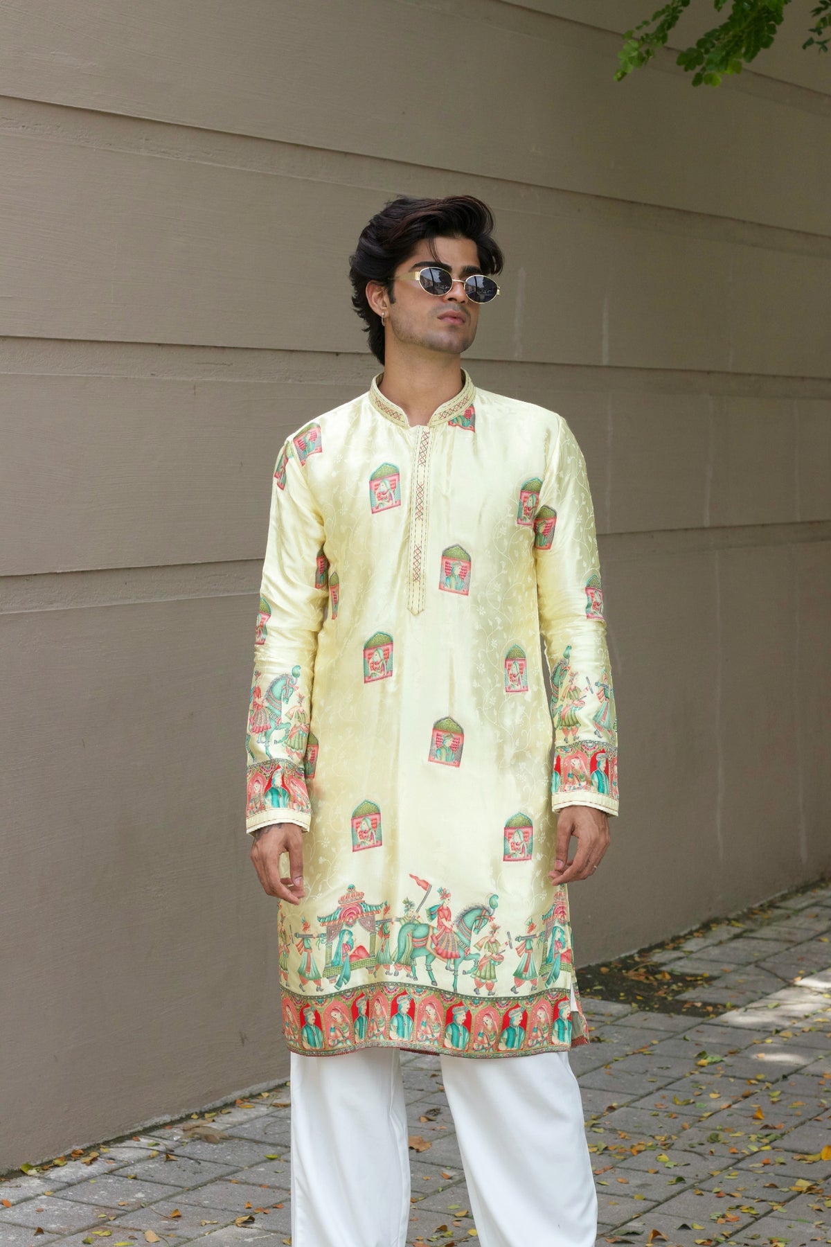 Men's Cream Jacquard Silk Kurta Set with Swarovski Stone Detailing