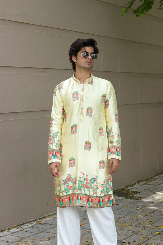 Men's Cream Jacquard Silk Kurta Set with Swarovski Stone Detailing