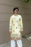 Men's Cream Jacquard Silk Kurta Set with Swarovski Stone Detailing