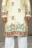 Men's Cream Jacquard Silk Kurta Set with Swarovski Stone Detailing