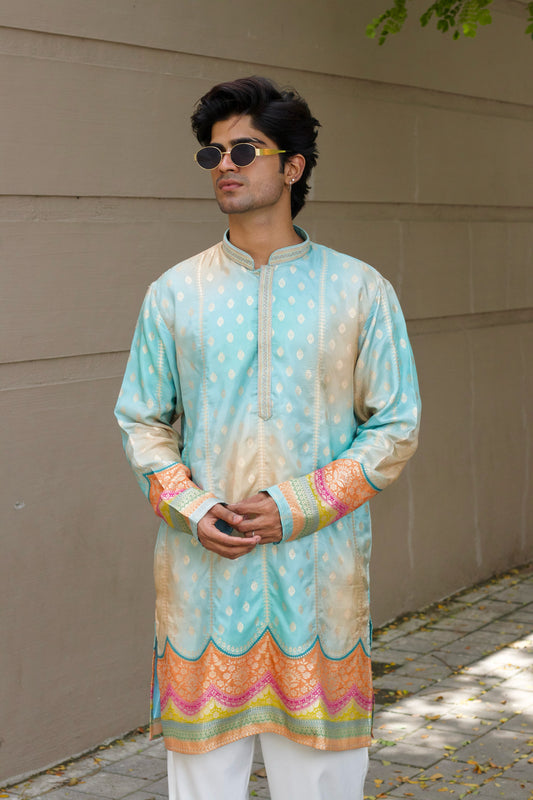 Men's Blue Jacquard Kurta Set with Swarovski Stone Detailing