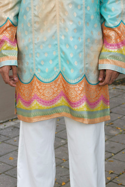 Men's Blue Jacquard Kurta Set with Swarovski Stone Detailing