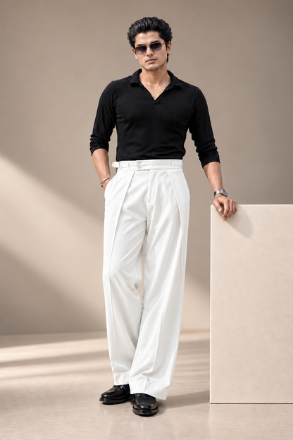 Butter Milk Korean Pleated Pant with Belt and Elastic Waist
