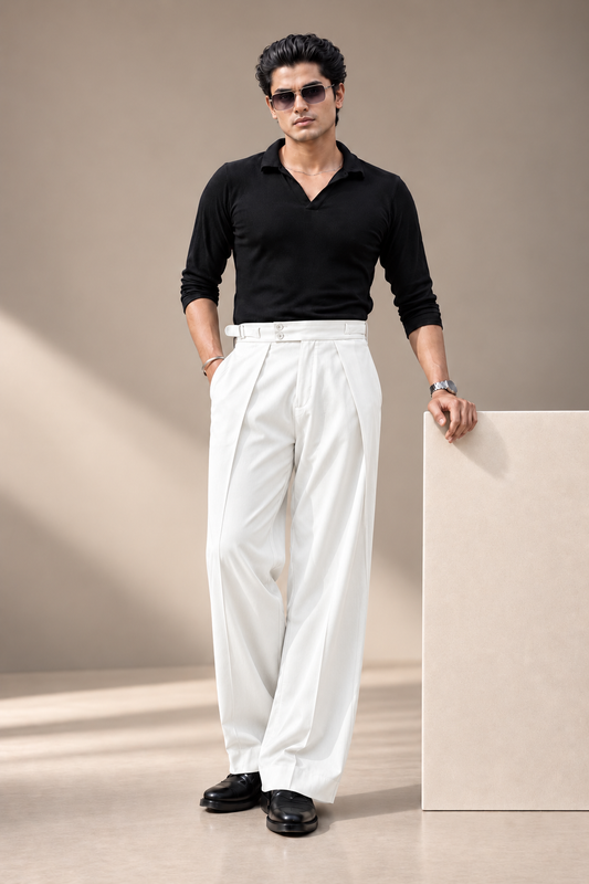 Butter Milk Korean Pleated Pant with Belt and Elastic Waist
