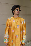 Men's Mustard Jacquard Silk Kurta Set with Swarovski Stone Detailing