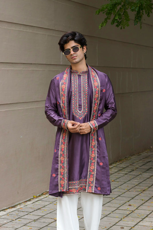 Men's Purple Satin Silk Kurta Set with Dupatta